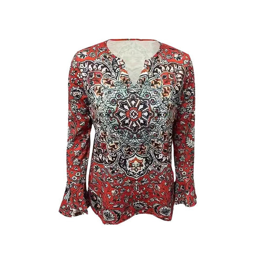 Damen Langarm-Bluse mit ornamentalem Mandala-Print und V-Ausschnitt EB