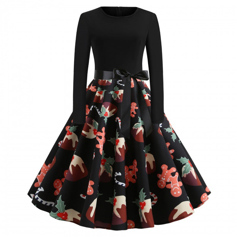 Damen Festliches Tellerkleid im Retro Stil mit langen Ärmeln tailliertem Oberteil und Satin‑Taillenschleife EB