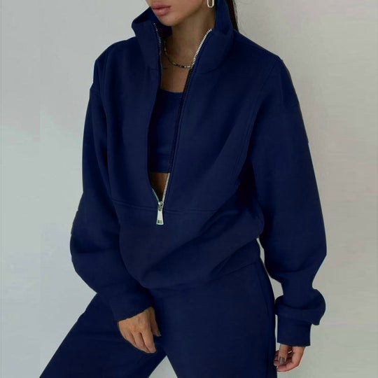 Damen nan kurzes Halbzip-Sweatshirt-und-Jogginghose-Set mit Stehkragen, oversized Schnitt und weichem French-Terry EB