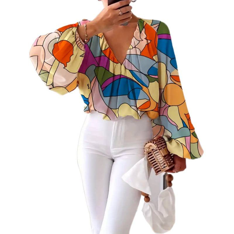 Damen oversized Bluse mit farbenfrohem grafischen Muster und weit ausgestellten Ärmeln EB
