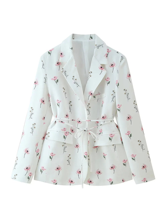 Damen taillierter Blazer mit floralem Muster und Bindegürtel EB