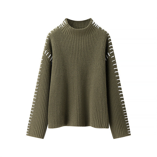 Damen Grobstrickpullover mit hohem Kragen und dekorativen Details EB