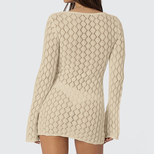 Damen Häkel-Strandpullover mit tiefem V-Ausschnitt und verspielten Details EB