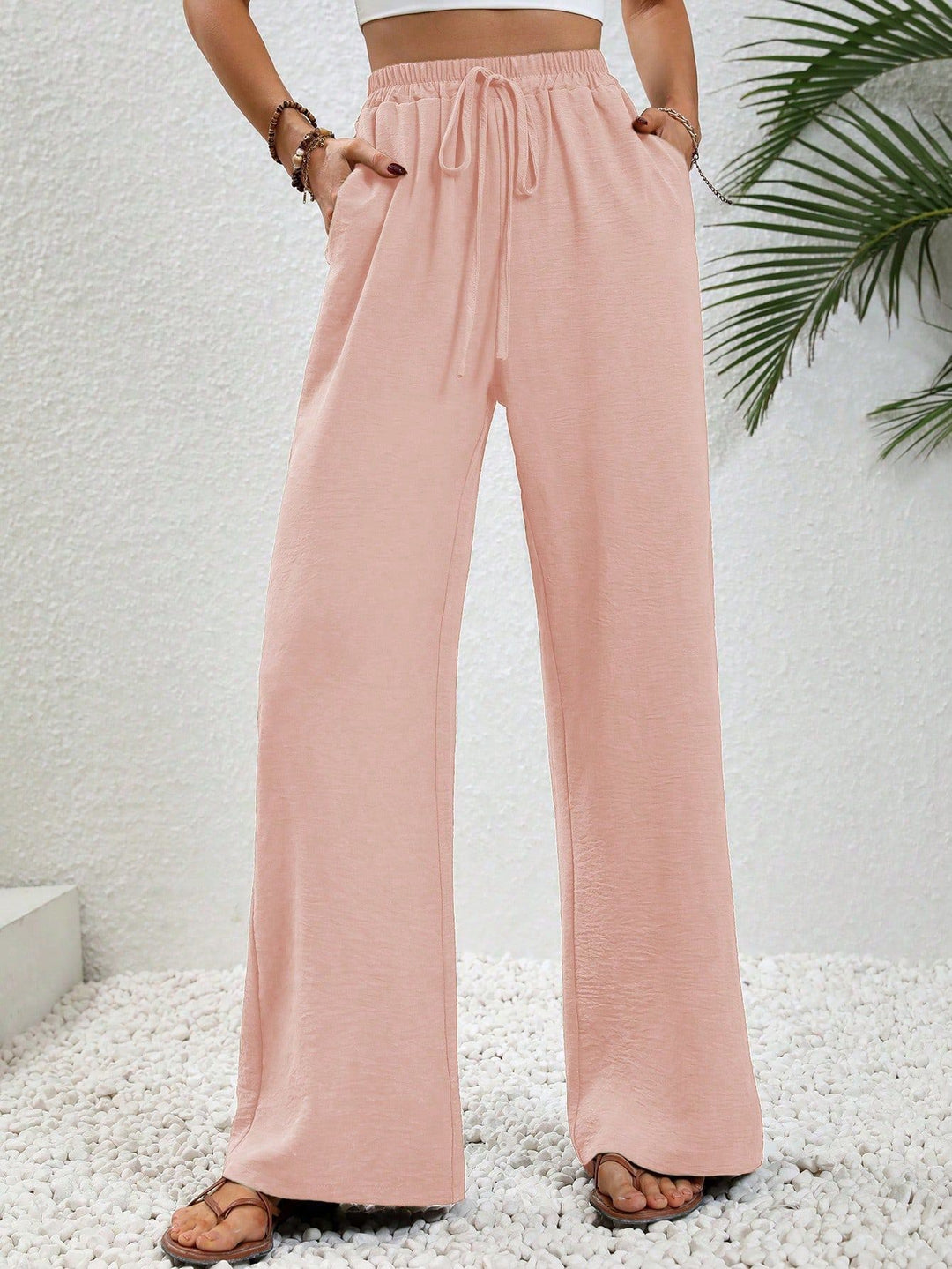 Damen weite Palazzo-Hose mit elastischem Bund und seitlichen Taschen EB
