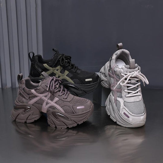 Damen modische Chunky Sneakers mit atmungsaktivem Mesh-Obermaterial und verstellbarem Schnürsystem EB