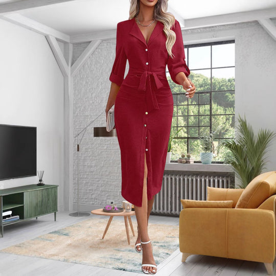 Damen Tailliertes Hemdblusenkleid aus Crinkle-Jersey mit Bindegürtel und Frontschlitz EB