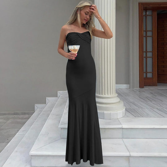 Damen Elegantes figurbetontes Maxikleid mit fledermausförmigem Dekolleté und fließendem Saum EB