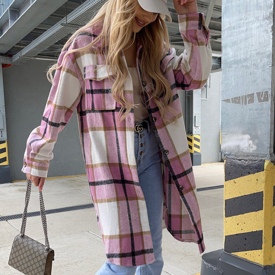 Damen lässige Karo-Hemdjacke mit asymmetrischem Schnitt und Taschen EB
