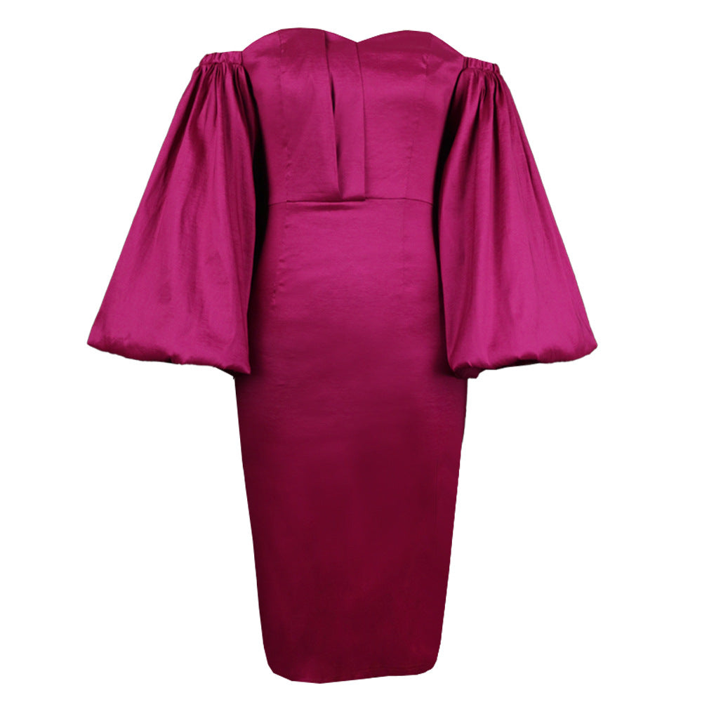 Damen elegante Off-Shoulder Kleid mit weitem Puffärmel EB