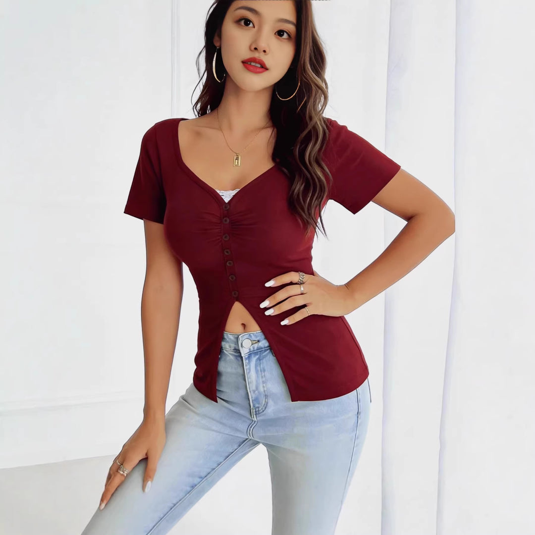 Damen figurbetontes Kurzarmshirt mit Knopfleiste EB