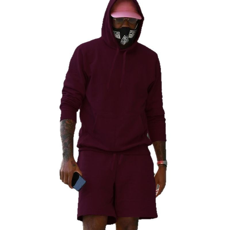Herren nan zweiteiliges Freizeit-Set Hoodie und Sweatshorts aus French Terry mit Kängurutasche und Tunnelzug EB