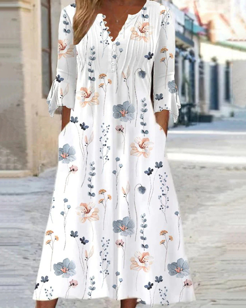 Damen nan fließendes Maxikleid mit V-Ausschnitt, Brustpasse, Volantärmeln und Eingrifftaschen EB