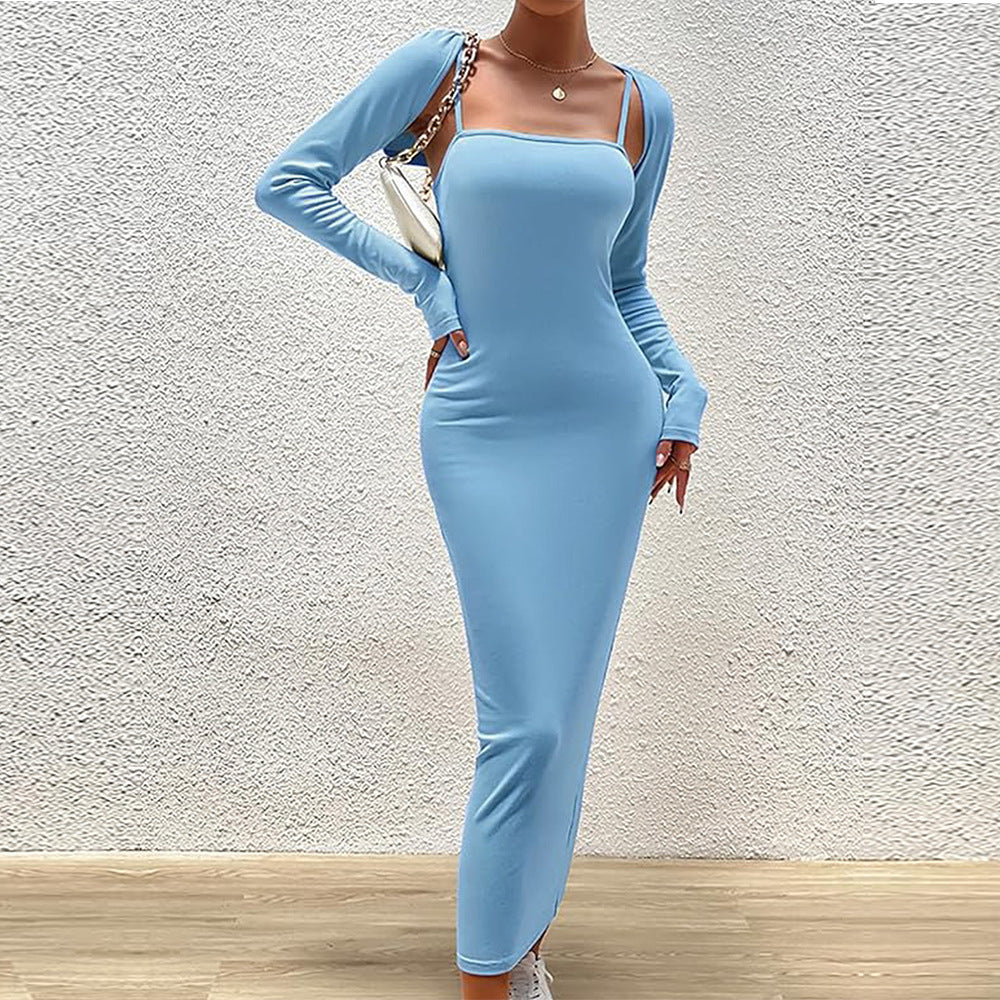 Damen schlankes Maxikleid mit Spaghettiträgern und abnehmbaren Bolero-Ärmeln Eichborn Berlin