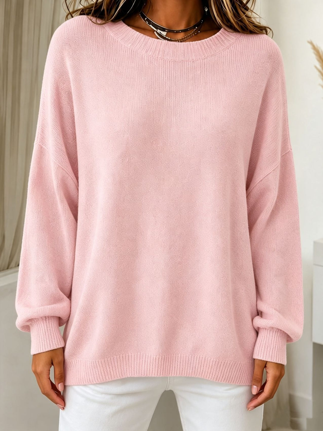 Damen Leichter Cashmere‑Touch Pullover mit Rundhalsausschnitt, überschnittener Schulter und gerippten Bündchen EB