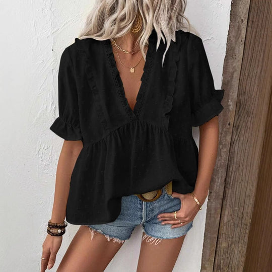 Damen elegantes Blusenshirt mit Rüschendetails und V-Ausschnitt EB
