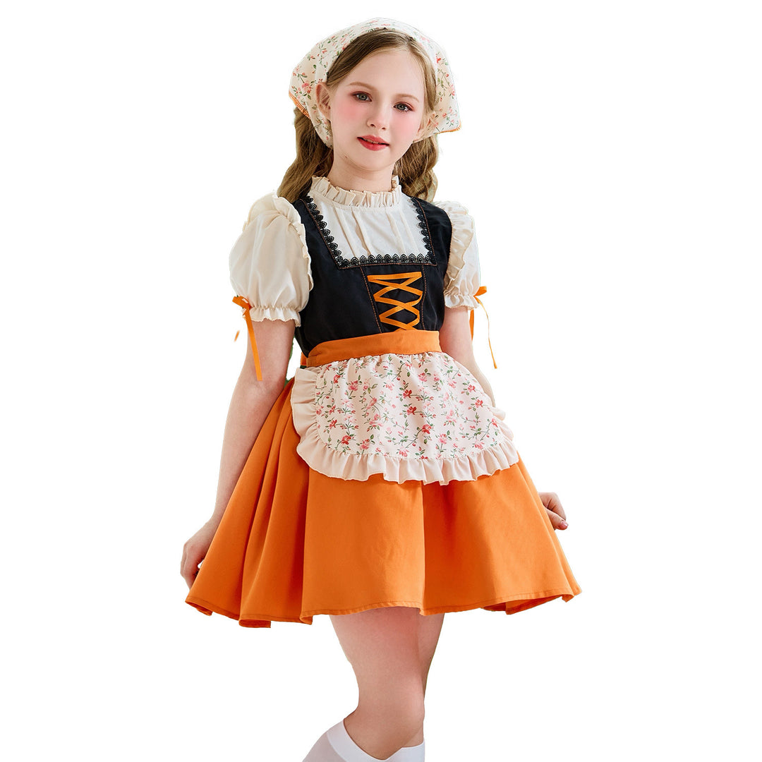Damen nan traditionelles Kinderdirndl mit Schnürung, Rüschenschürze und Kopftuch EB
