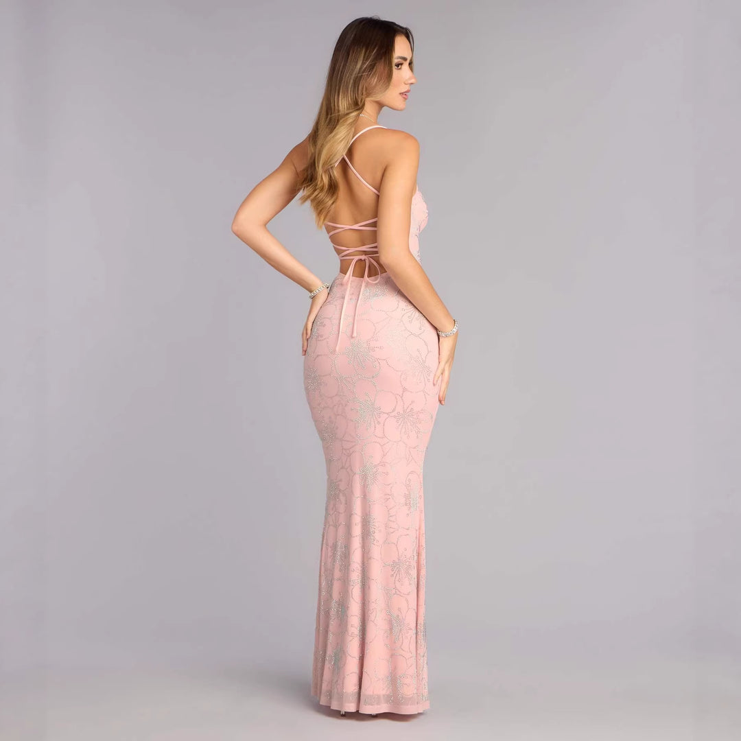 Damen Elegantes Maxikleid mit floralem Glitzermuster EB