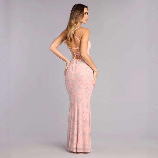 Damen Elegantes Maxikleid mit floralem Glitzermuster EB