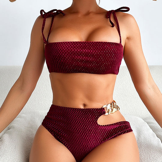 Damen Bandeau-Bikini mit raffiniertem Knoten und hoch tailliertem Höschen EB