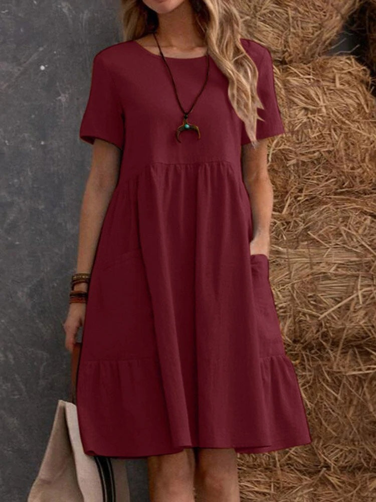 Damen lässiges Midikleid mit elastischem Bund und Rüschensaum EB