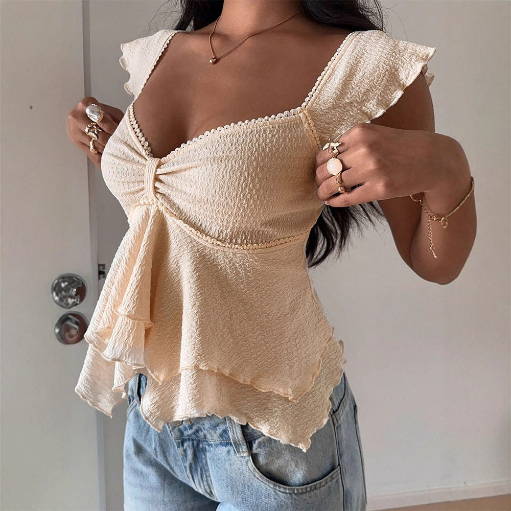 Damen Raffung Top mit Kunstlederbesatz und elastischem Schnitt EB