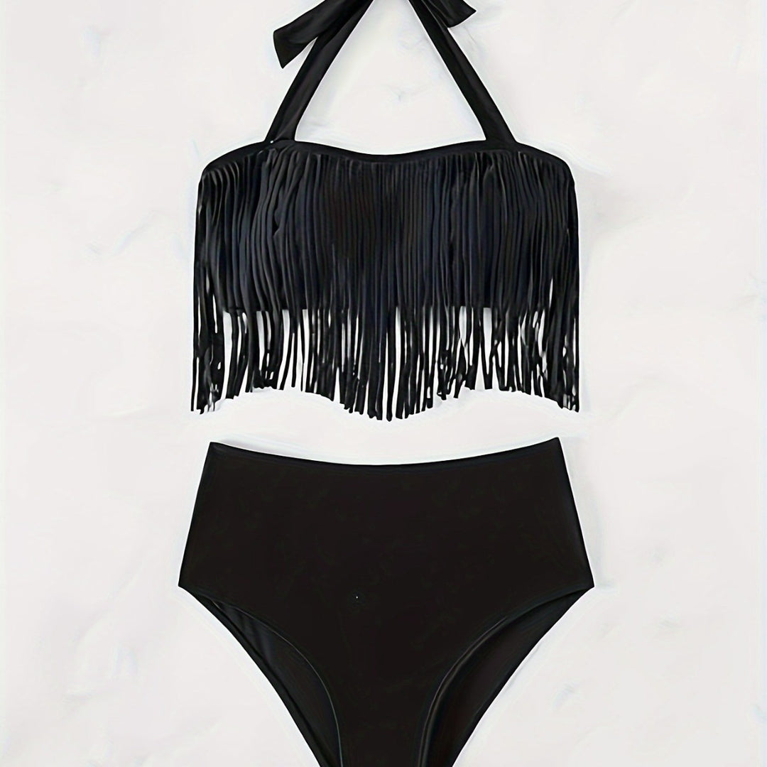 Damen Bikiniset mit fransigem Oberteil und hoch taillierter Hose EB