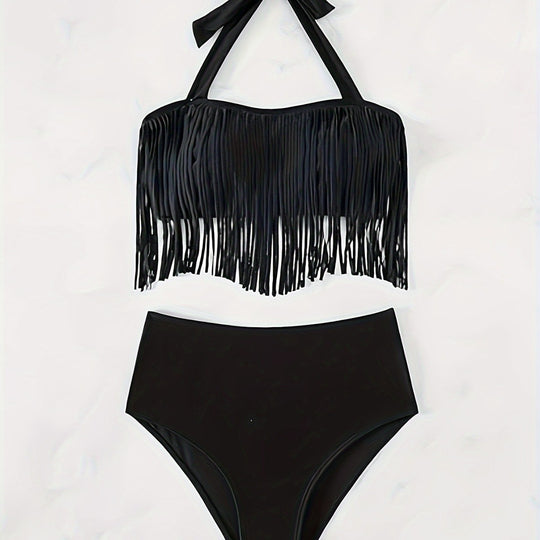 Damen Bikiniset mit fransigem Oberteil und hoch taillierter Hose EB