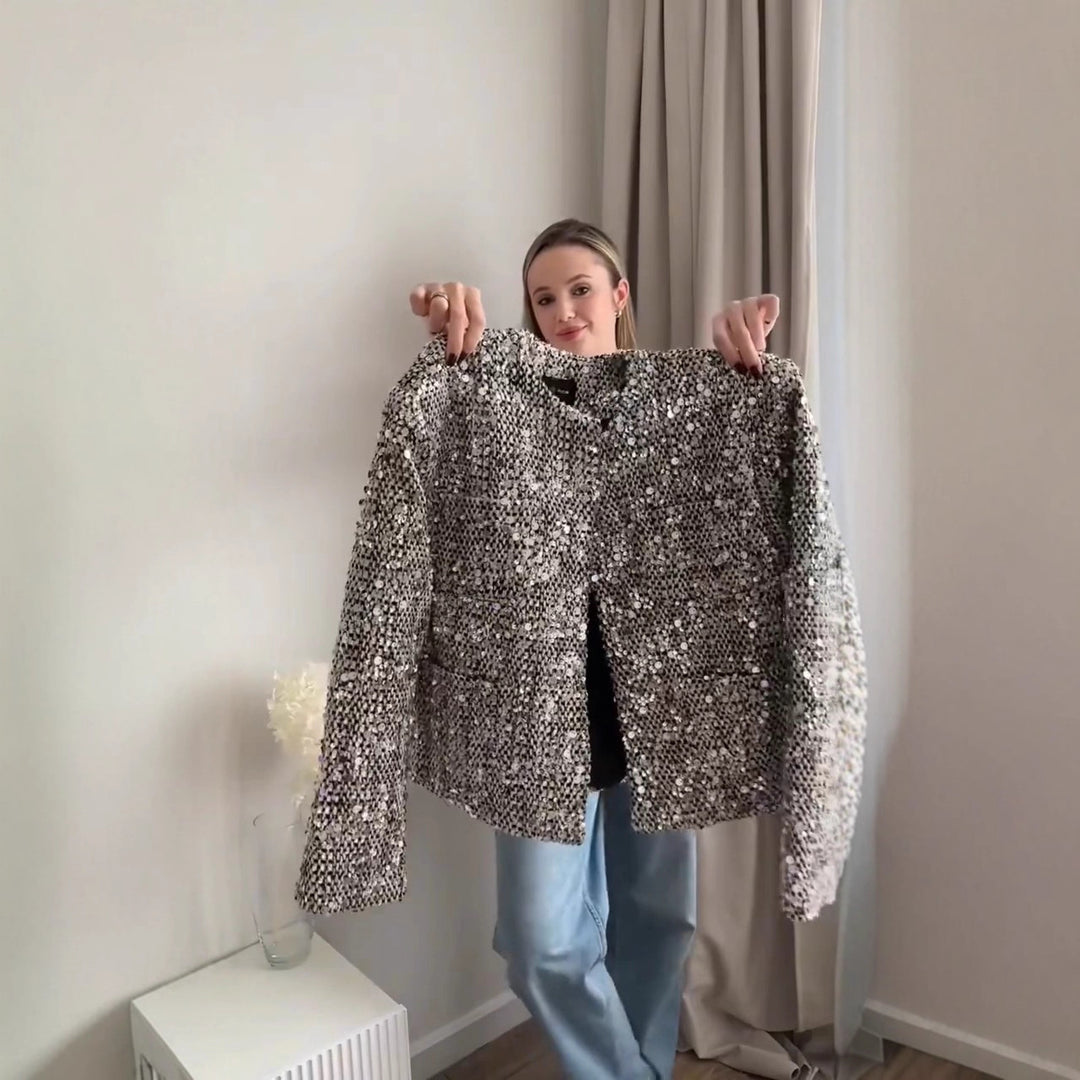 Damen nan gefütterte Bouclé-Kurzjacke mit Paillettenbesatz, Rundhalsausschnitt und offener Front EB