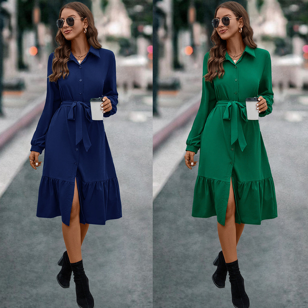 Damen Hemdblusenkleid mit tailliertem Gürtel und schickem Schößchen EB