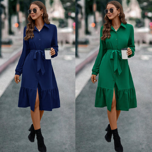 Damen Hemdblusenkleid mit tailliertem Gürtel und schickem Schößchen EB