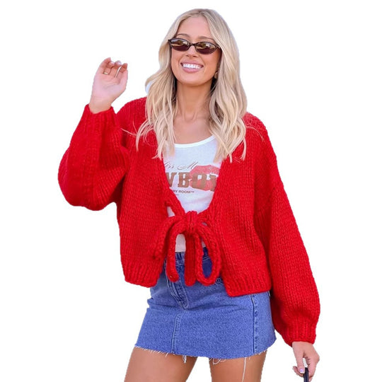 Damen lässige Strickjacke mit Bindeverschluss und weiten Ärmeln EB