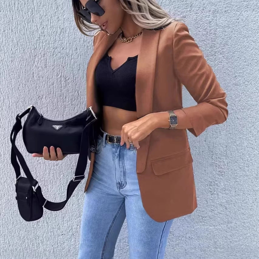 Damen Kariierter Longblazer mit legerer Passform, aufgesetzten Taschen und Dreiviertelärmeln EB