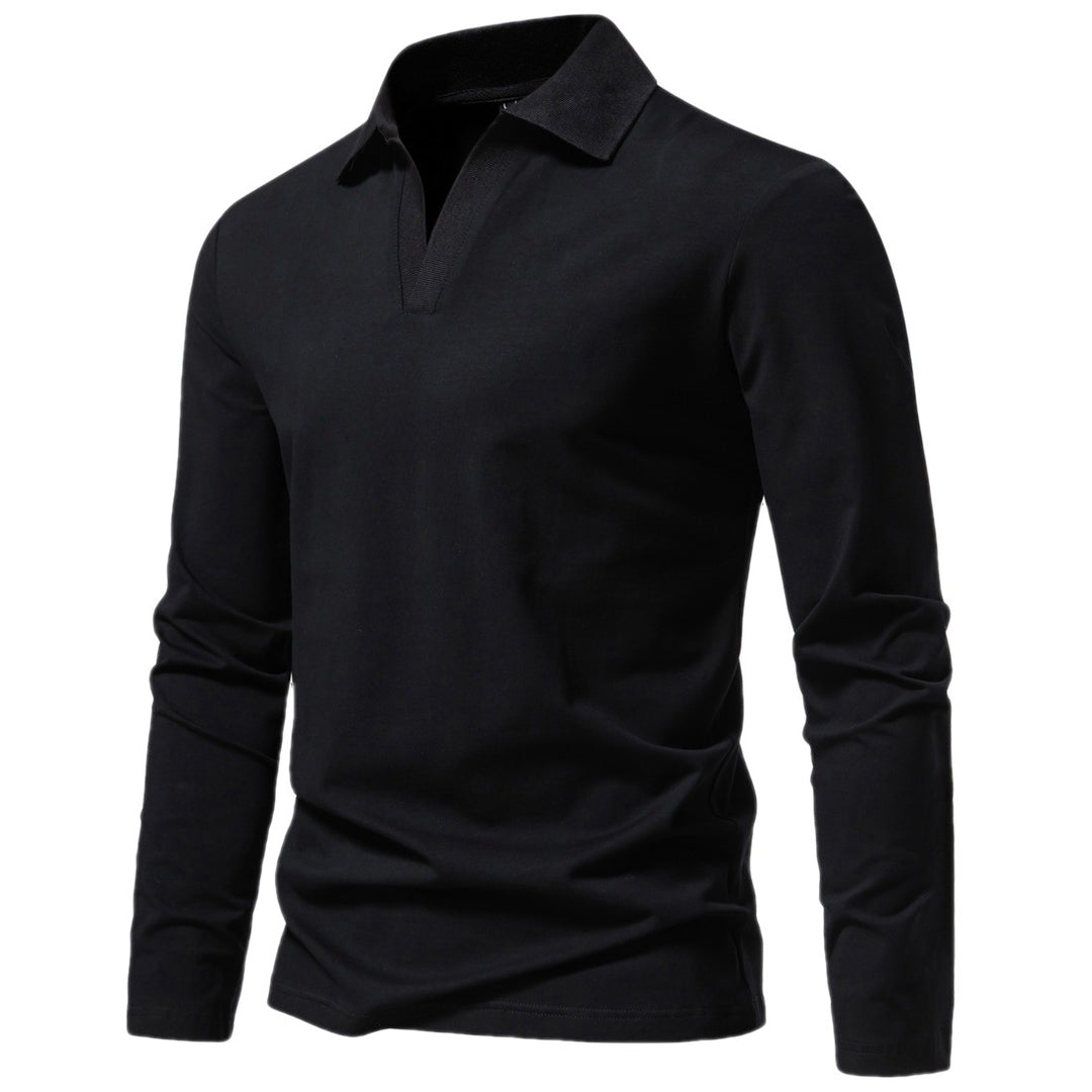 Herren nan Langarm-Polo mit offenem V-Ausschnitt, feinem Rippenkragen und schmaler Silhouette EB
