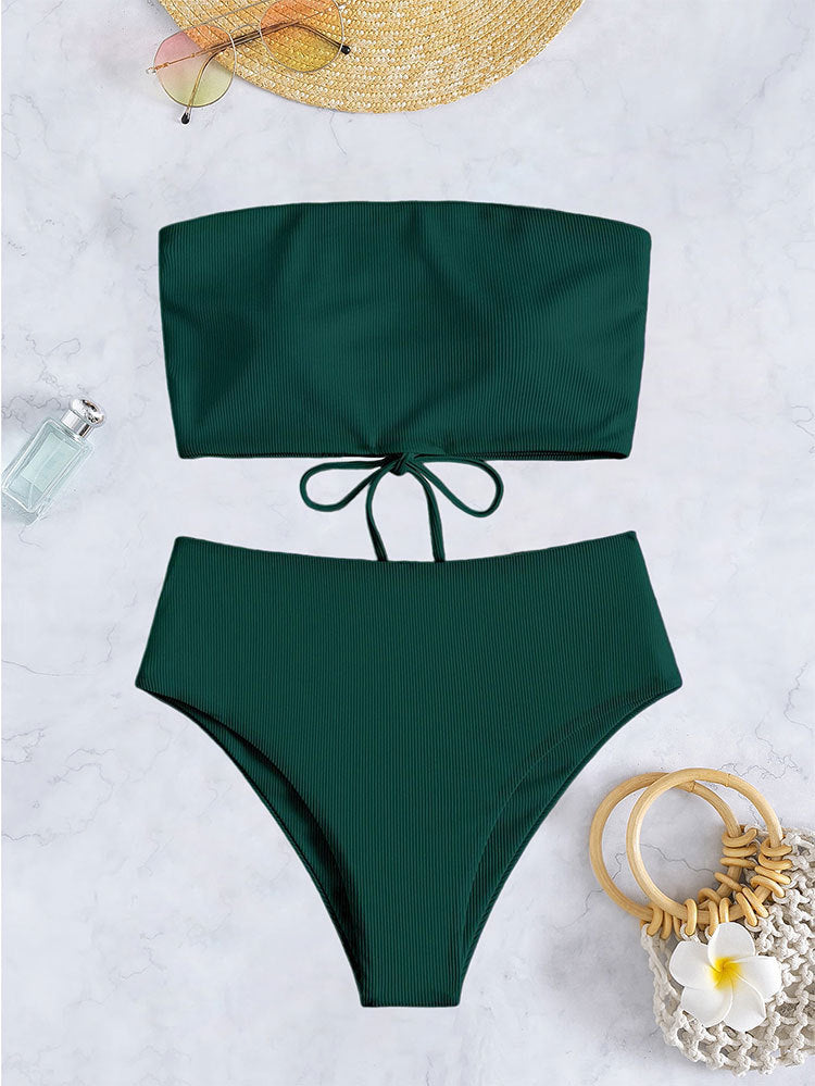 Damen Bandeau-Bikini-Set mit hohem Beinausschnitt und Bindedetails EB