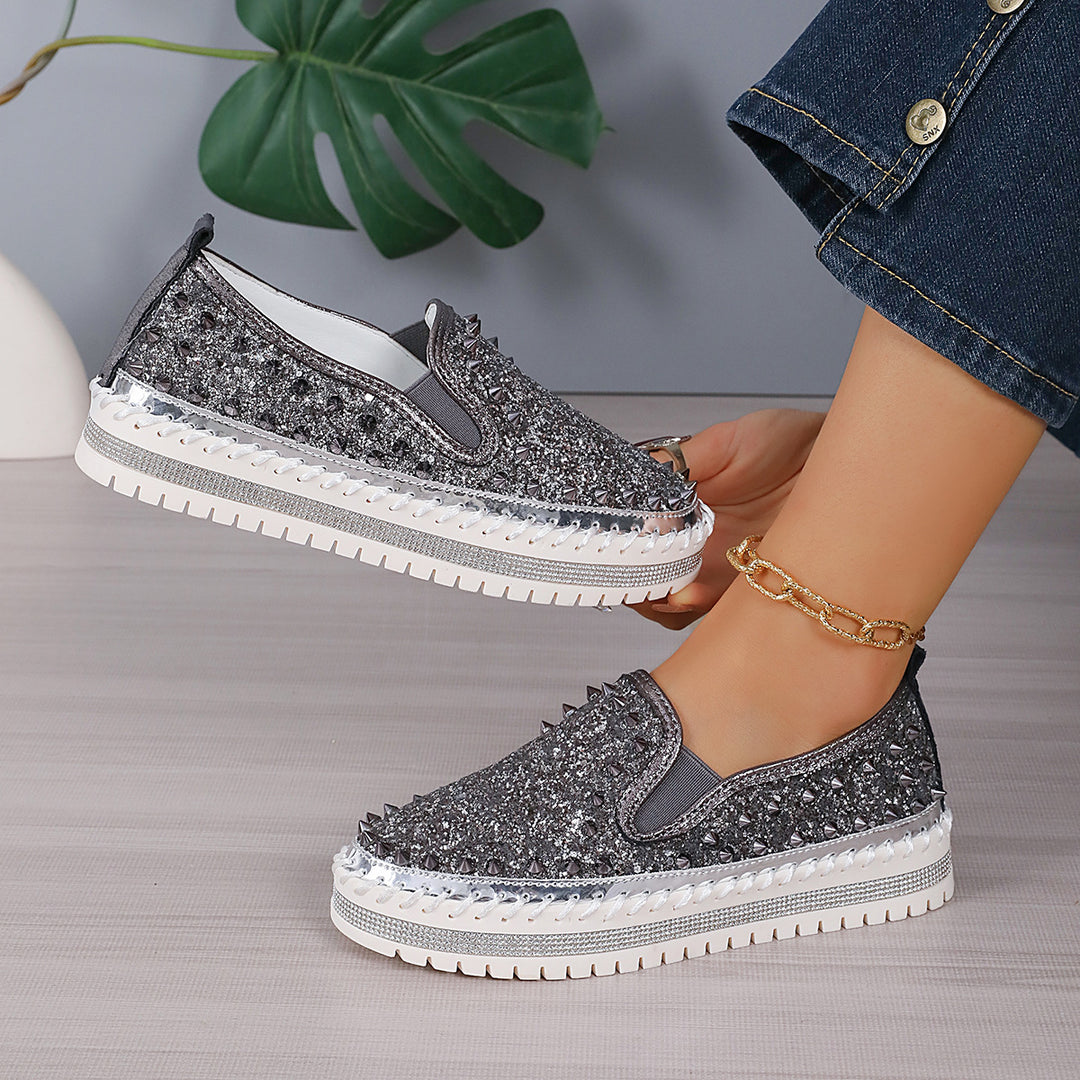 Damen Glamouröse Slip-On Sneakers mit funkelndem Glitzer und Nieten EB