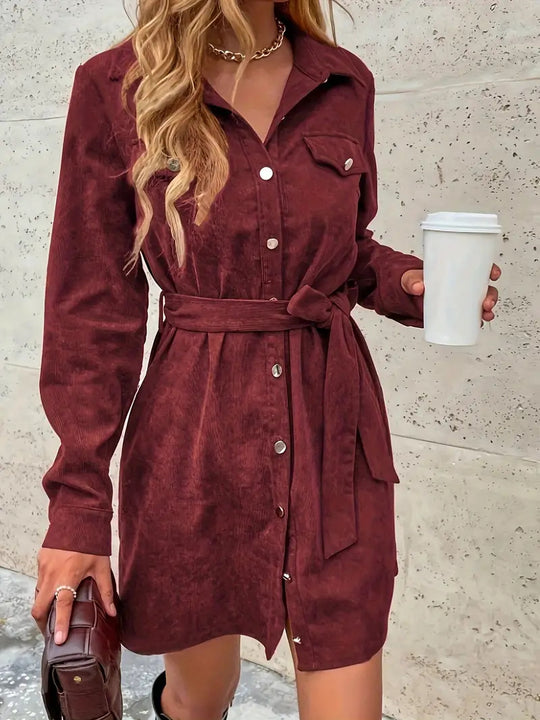 Damen Hemdblusenkleid mit Gürtel und Taschen EB
