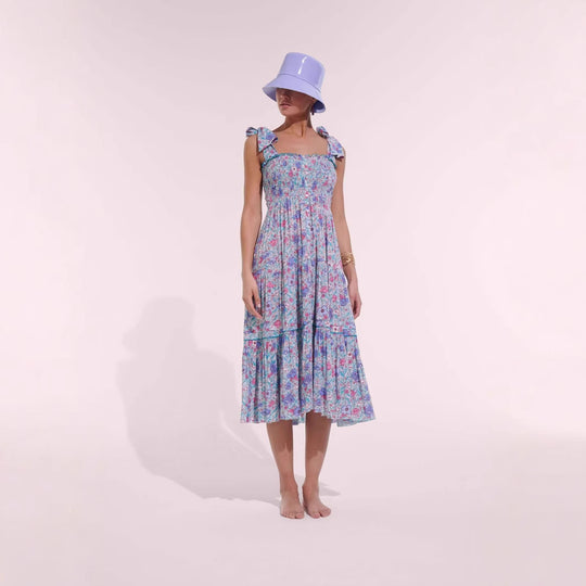Damen Maxikleid mit floralem Rüschendesign und elastischem Oberteil EB