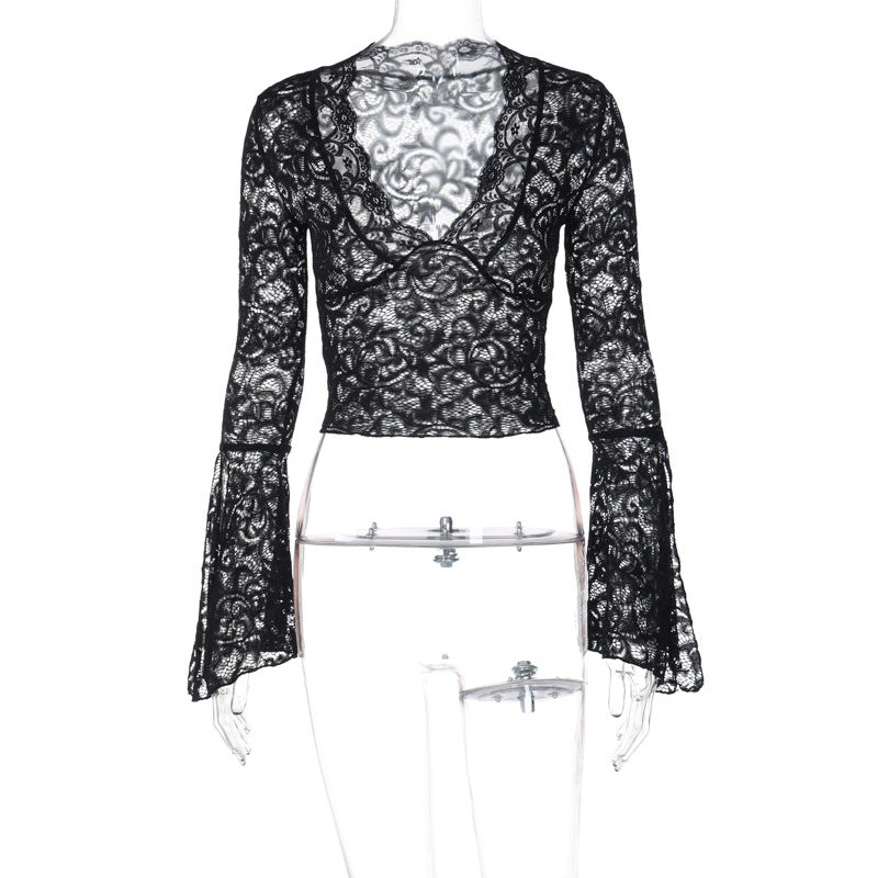Damen Spitzenbluse mit voluminösen Glockenärmeln und V-Ausschnitt EB