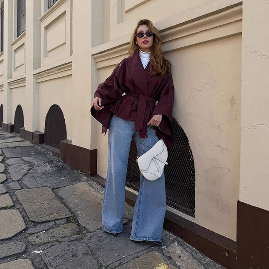 Damen Modische Oversized-Trenchcoat mit Taillengürtel EB