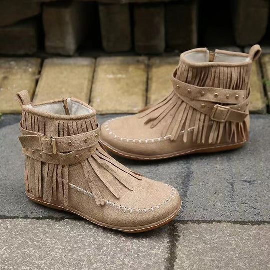 Damen nan fransige Mokassin-Ankleboots mit seitlichem Reißverschluss, dekorativer Schnalle und goldfarbenen Nieten EB