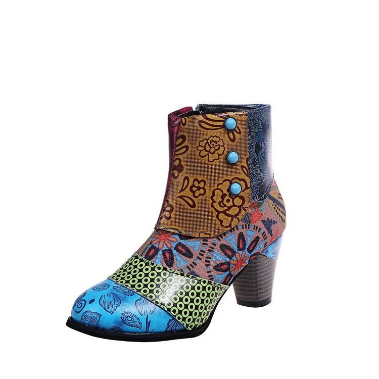 Damen Elegante Stiefeletten mit floralen Mustern und dekorativen Knöpfen EB