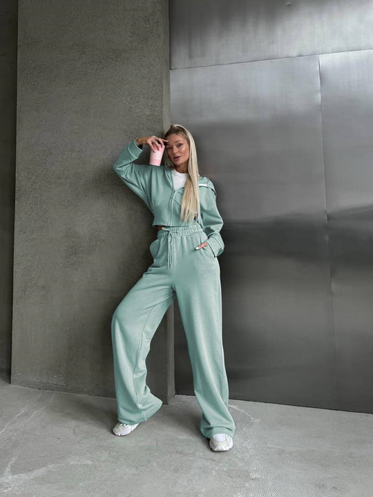 Damen nan zweiteiliges Cropped Hoodie-Set mit weitem Bundhose-Schnitt und tailliertem Reißverschluss EB