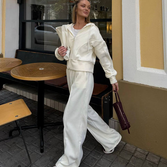 Damen Fleece-Lounge-Set mit kurzem Reißverschluss-Hoodie und taillenhoher Kordel-Jogginghose EB