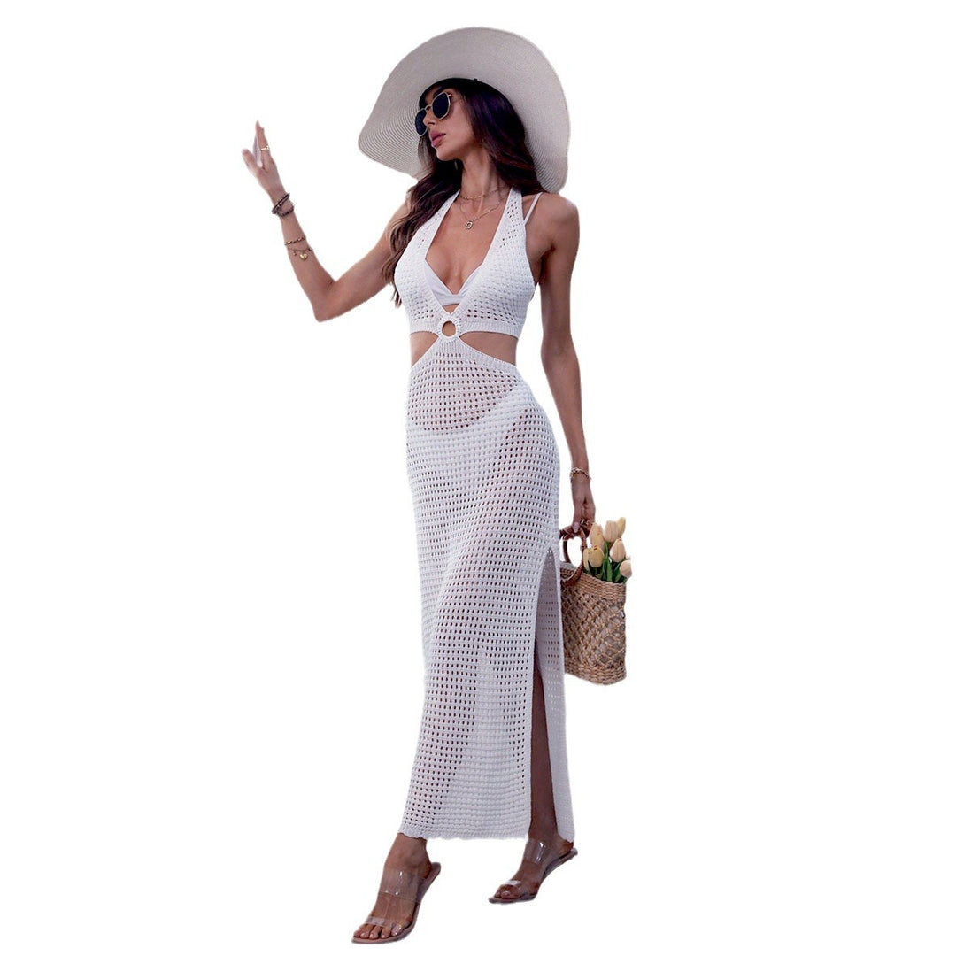 Damen Häkel-Strandkleid mit tiefem V-Ausschnitt und ärmellosem Design EB