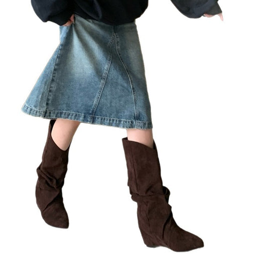 Damen modische Stiefel mit gerafftem Schaft und spitzem Absatz EB