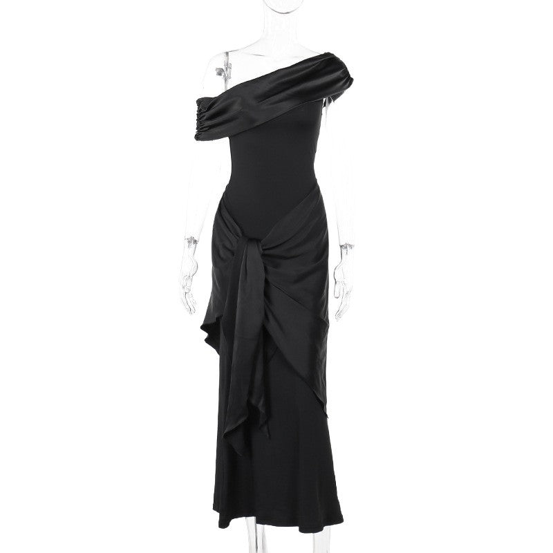 Damen Langarm Maxikleid mit asymmetrischem Schnitt und dekorativen Drapierungen EB