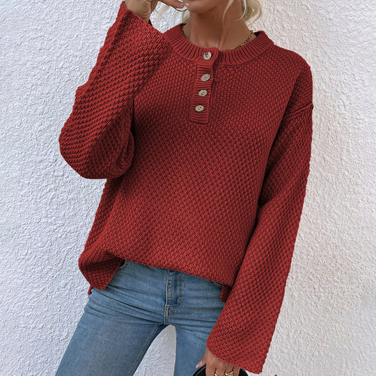 Damen gemütlicher Strickpullover mit Knopfleiste und breiten Ärmeln EB