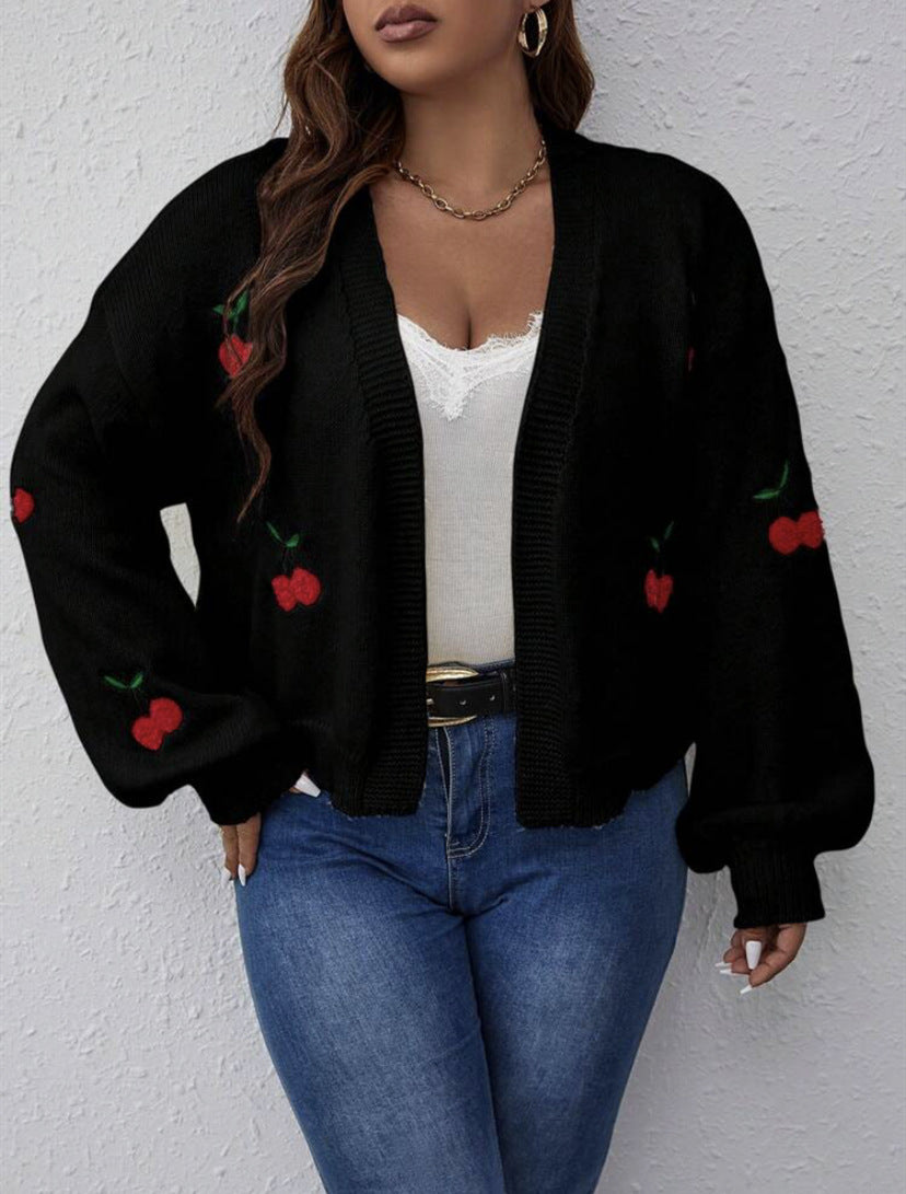 Damen Kurzgeschnittener Oversize-Cardigan mit Kirsch-Stickerei EB