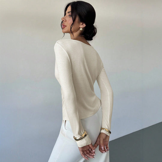 Damen elegantes drapiertes Langarm-Top mit Wasserfallkragen und taillierter Silhouette Eichborn Berlin