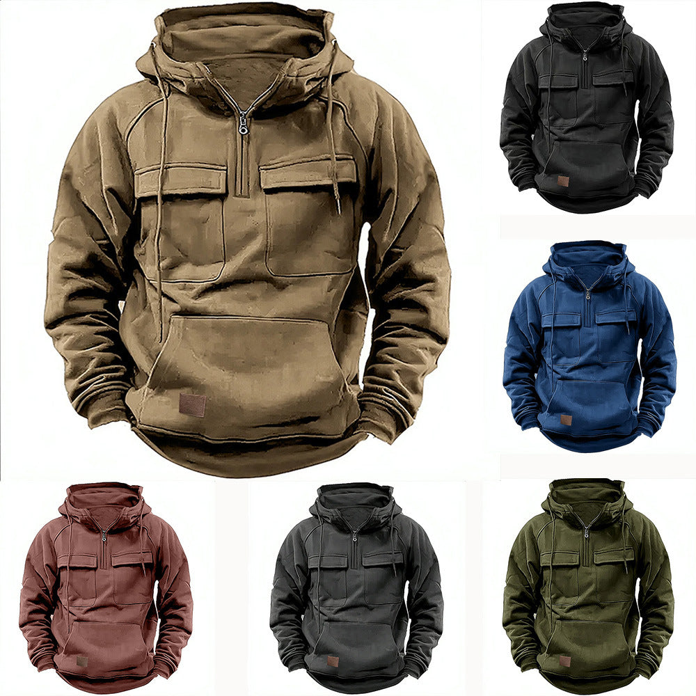Herren lässiger Kapuzenpullover mit praktischen Taschen und Kunstlederdetails EB